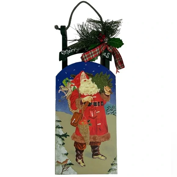 Wooden Painted Santa Merry Christmas Sled - Picture 1 of 9